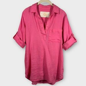 Bella Dahl Linen Popover Blouse Top Women's Small S Pink Roll Tab‎ Sleeve Shirt